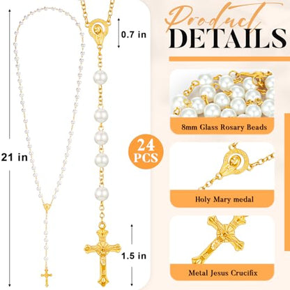 ROCEEI 24 Set Catholic Rosary Bead Bulk 8mm Glass Pearl Beads - color: Gold