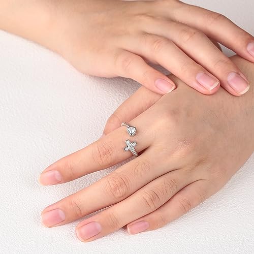 APOTIE 925 Sterling Silver Cross Ring - True Love Wait Purity Ring Cubic Zirconia Adjustable Ring Jewelry Gift for Women - style: Faith Hope Love