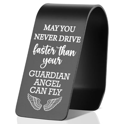 YODOCAMP Never Drive Faster Than Your Guardian Angel Can Fly Car Visor Clip, Christian Safe Driving Reminder with Engraved Angel Message, Faith Based Driver Gift Religious Car Accessory TZC182 - color: Black-C182