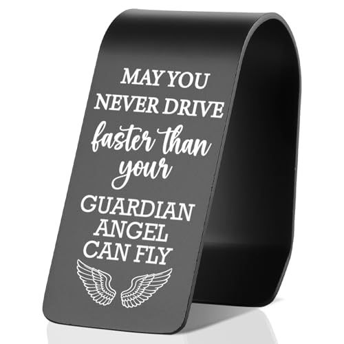 YODOCAMP Never Drive Faster Than Your Guardian Angel Can Fly Car Visor Clip, Christian Safe Driving Reminder with Engraved Angel Message, Faith Based Driver Gift Religious Car Accessory TZC182 - color: Black-C182