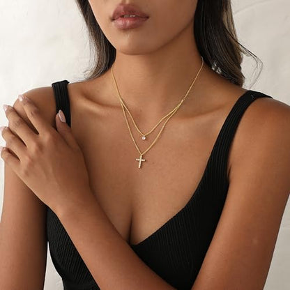 Cross Necklace For Women,14K Gold Plated Small Dainty Colorful Beaded Cubic Zirconia Diamond Double Layered Cross Pendant Choker Necklaces For Women,Christian Easter Religious Jewelry Gifts - style: Layered Diamond Cross-Gold