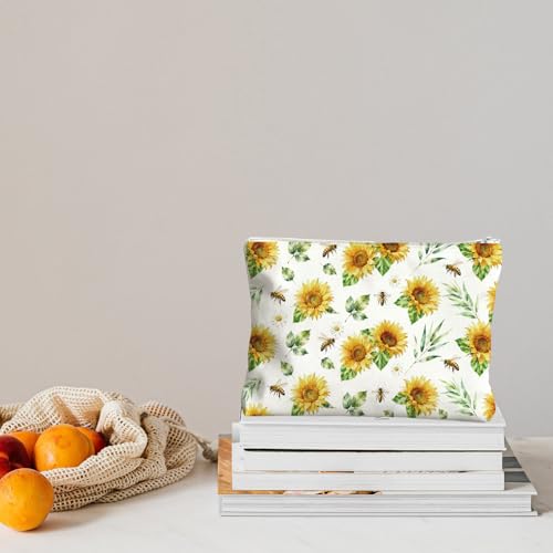 2 Pack Canvas Tote Bag with Makeup Zipper Pouch Colorful Polyester Printed Reusable Shopping Bags for Women - style: Sunflower