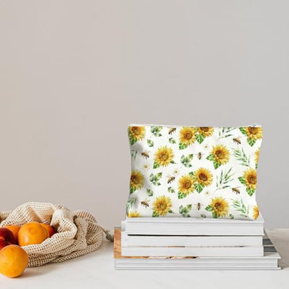 2 Pack Canvas Tote Bag with Makeup Zipper Pouch Colorful Polyester Printed Reusable Shopping Bags for Women - style: Sunflower