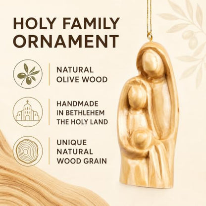 Olive Wood Christmas Ornament – Holy Family Nativity Ornament for Christmas Tree Decor, Handmade in Bethlehem The Holy Land, Christian Religious Gift, 3 x 2 Inch