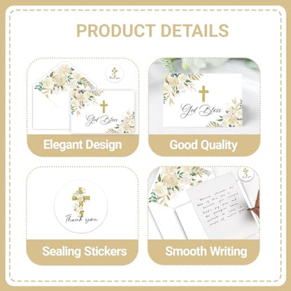 48 Pack Baptism Thank You Cards with Envelopes, Watercolor Floral Cross Christian Thank You Cards for Wedding Communion Baby Shower - style: 48 Pcs - Golden Cross