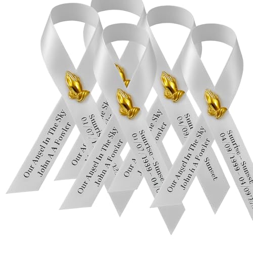 Personalized Memorial Service Funeral Ribbon Pins 20 Cross Religious Celebration of Life Custom Made Awareness Remembrance Anniversary Death Cross Sympathy Name Angel - color: White