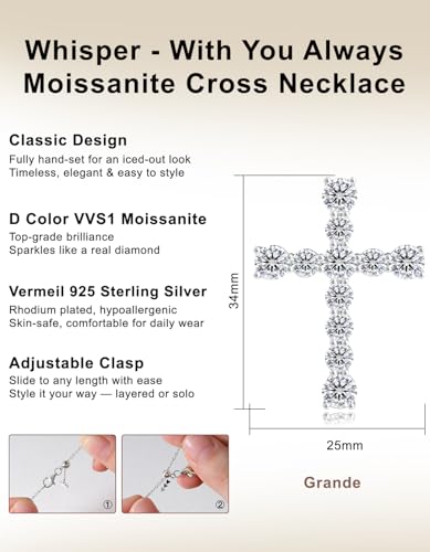 KRKC&CO Moissanite Cross Necklace for Women, 925 Sterling Silver, Gift Box - color: Silver D