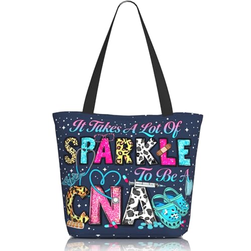 Tote Bag for Women，Everyday Carry Large Capacity Reusable Shopping Bag With Zipper For Groceries Work & Travel - color: Sparkle to Be a Cna