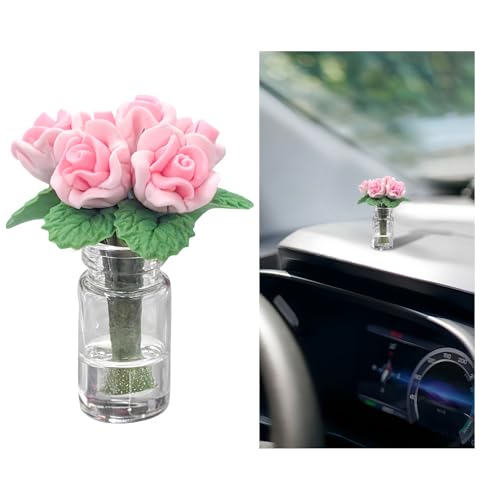Rose Flower in Vase Car Dashboard Decoration, Cute Floral Vase Vehicle Rear View Mirror Ornament, Miniature Realistic Flower Bouquet Auto Interior Decor for Girls Women (Pink) - color: Pink