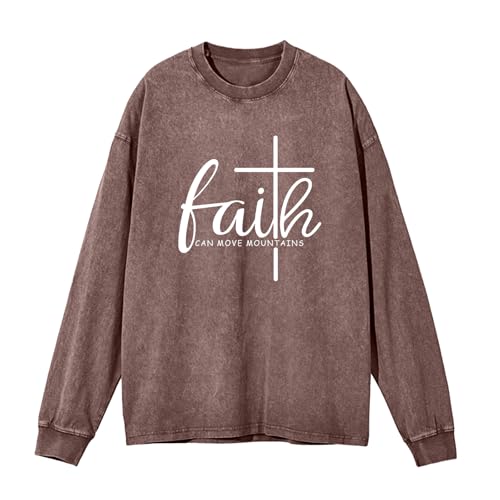 Christian Shirts for Women Faith Can Move Mountains Acid Wash Shirt Jesus Religious Bible Verse Long Sleeve Top - color: Coffee, size: XX-Large