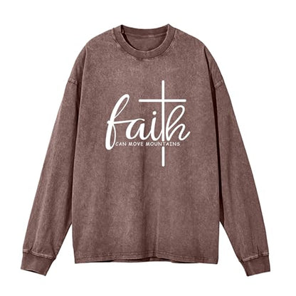 Christian Shirts for Women Faith Can Move Mountains Acid Wash Shirt Jesus Religious Bible Verse Long Sleeve Top - color: Coffee, size: XX-Large