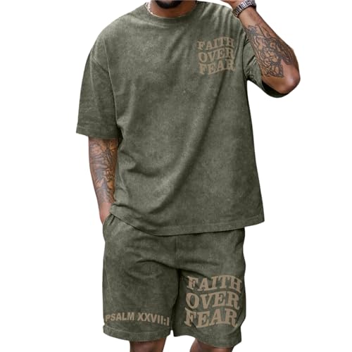 Men's Christian Shirt and Shorts Set Oversized Faith Over Fear T Shirt Washed Religious Bible Verse 2 Piece Outfits - color: Army Green, size: X-Large