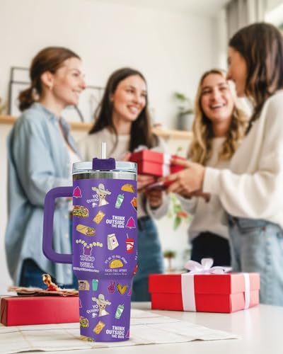 Funny Taco Tumbler 40oz with Handle and Straw, Taco gifts - color: Taco Purple