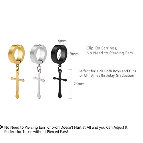 Non-pierced Earrings Set for Men Women Cross Titanium Steel Hoop Dangle Clip On Earring - style: set of 3 pairs