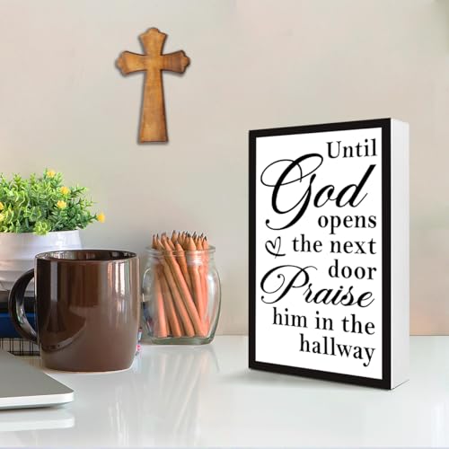 Until God Opens The Next Door Wood Box Sign Desk Decor,Bible Verse Scripture Wooden Block Sign for Christian Home Office Bedroom Wall Shelf Tabletop Decor 10'' x 6'' - style: Until God Opens The Next Door