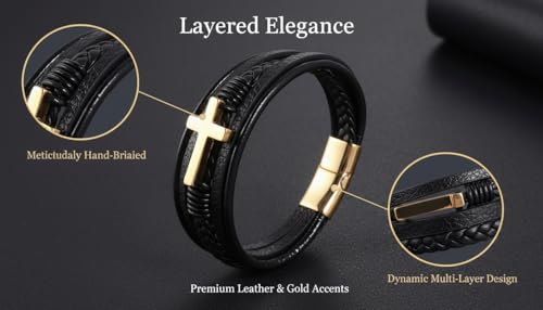 Stainless Steel Braided Leather Bracelet for Men Cuff Bangle Cross - color: 1-gold
