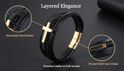 Stainless Steel Braided Leather Bracelet for Men Cuff Bangle Cross - color: 1-gold