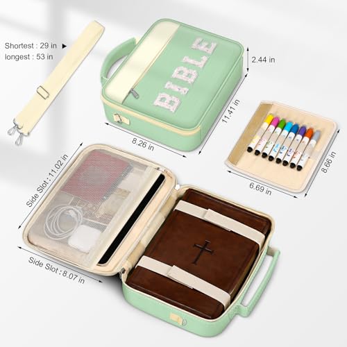 FINPAC Bible Cover with Shoulder Strap, Church Book Carrying Bible Case Bag - color: Letter Green
