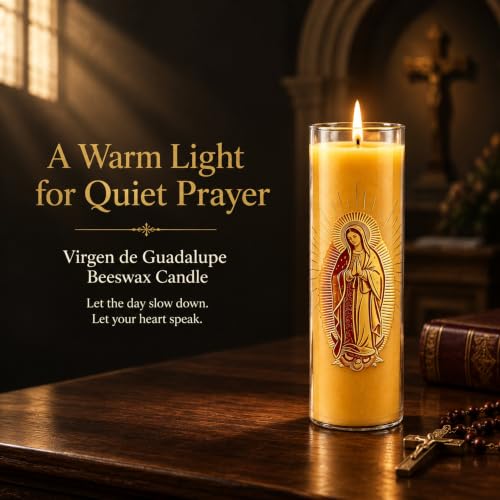 Virgen de Guadalupe Beeswax Pillar Candle, 68Hr Burn, 1 Pack - color: Yellow