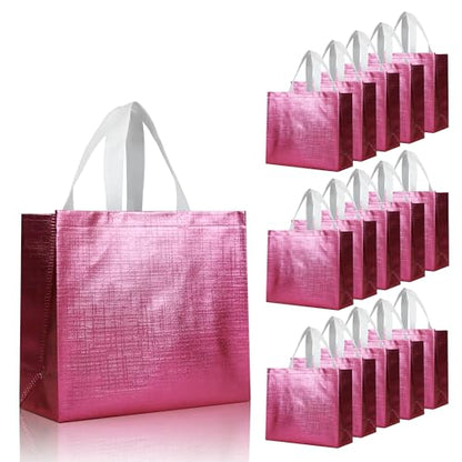 cabzymx 16 Pcs Pink Reusable Gift Bags, Metallic Bling Design Holiday Gift Bag with Handles & Bases, Non-woven Goodie Bag Bulk for Birthday, Wedding, Parties, Graduation- 12.6x4.7x11 In - color: Pink, size: 1 Count (Pack of 16)