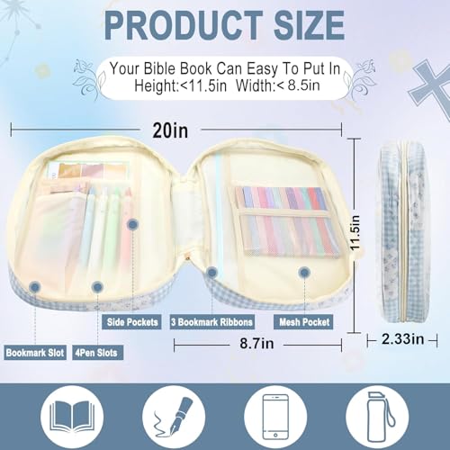 Zkptops Bible Cover Case for Women Large Bible Bag Cotton Quilted Bible Carrying Case with Zipper Pocket and Handle Carrying Book Cover for Christian Study Supplies Christian Gift(Blue Checkered) - color: Fr Blue Checkered