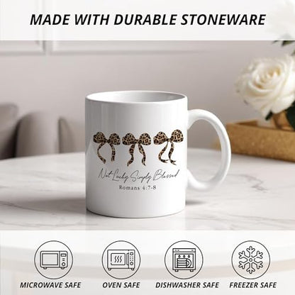 Preppy Coquette Bow Christian Mug, Trendy Leopard Bow Girly Coffee Mug Ceramic, Bible Verse Coffee Mug, Not Lucky Simply Blessed Mug Christian Gifts for Women - color: bless
