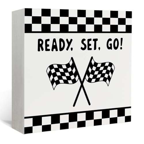 Lacama Race Car Boys Room Wooden Box Sign, Ready Set Go Race Car Decorations Wood Block Signs, Black and White Checkered Wood Sign for Boys Room Playroom Desk Shelf Wall Decor 5x5 Inches - color: Ready Set Go