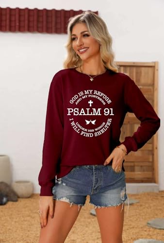 Christian Sweatshirts for Women Psalms 91 Long Sleeve Shirt - color: Wine, size: XX-Large