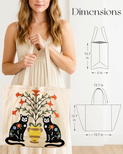 Miss Adola Embroidery Canvas Tote Bag with Pocket & Buckle - color: Cat