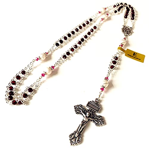 elegantmedical handmade Gold Ladder to Heaven Garnet Beads Catholic Rosary crucifix Necklace box - color: silver