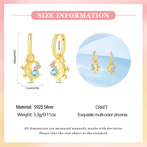 925 Sterling Silver Cute Animal Unique Huggie Hoop Earrings for Women - color: Gold Star Moon