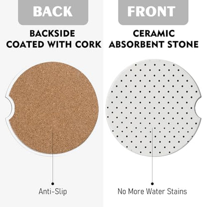 2 Pack Car Coasters for Cup Holders, Cute Car Accessories Interior - color: White Polka Dots
