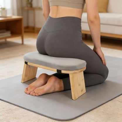 Meditation Bench, Foldable Kneeling Meditation Bench, Bamboo Stool, Gray