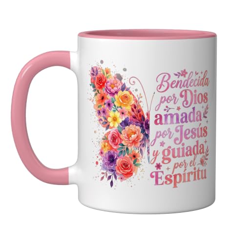 Bendecida Por Dios Amada Por Jesus Christian Spanish Floral Ceramic Mug, Pink/White - color: Pink/White, size: 11 Ounces