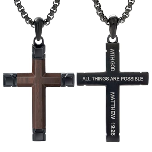 Wooden Cross Necklace for Men with Stainless Steel Adjustable Chain 24-26in, Christian Wood Crucifix Pendant Gift for Him - style: Ebony3
