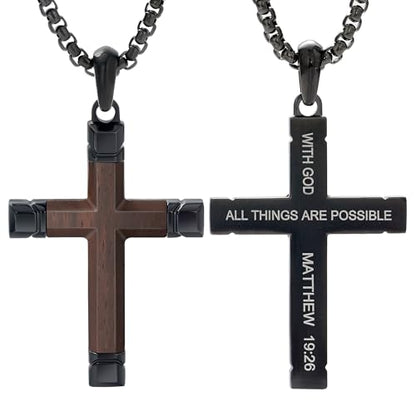 Wooden Cross Necklace for Men with Stainless Steel Adjustable Chain 24-26in, Christian Wood Crucifix Pendant Gift for Him - style: Ebony3