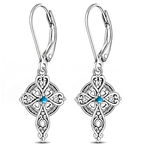 Celtic Cross Earrings Sterling Silver Cross Dangle Drop Earrings - color: Turquoise