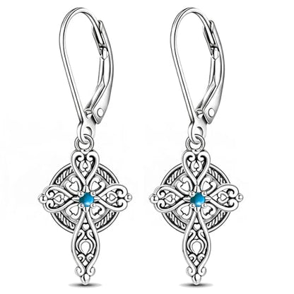 Celtic Cross Earrings Sterling Silver Cross Dangle Drop Earrings - color: Turquoise