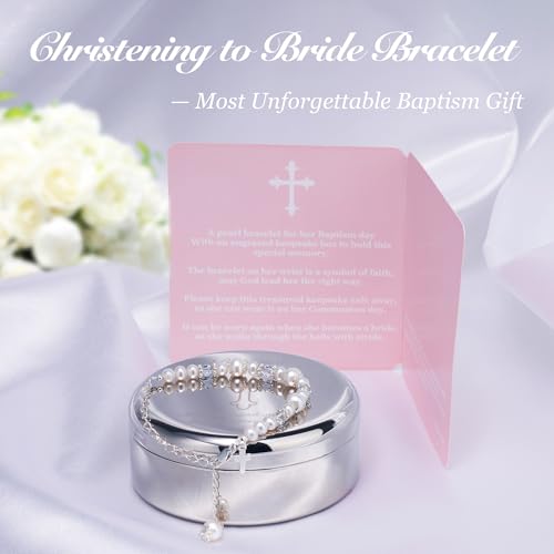 Tryuunion Baptism Bracelet in 925 Sterling Silver and Cultured Pearls for Baby Girls, Comes with a Unique Silver-plated Jewelry Keepsake Box, Christening and Baptism Gifts For Girl, Includes 3 Charms - style: Complete Set
