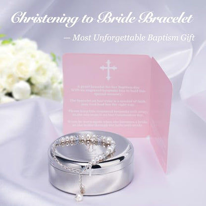 Tryuunion Baptism Bracelet in 925 Sterling Silver and Cultured Pearls for Baby Girls, Comes with a Unique Silver-plated Jewelry Keepsake Box, Christening and Baptism Gifts For Girl, Includes 3 Charms - style: Complete Set
