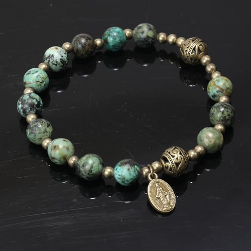 Nazareth Store Stone Beads Rosary Bracelet with Metal Separators and Catholic Medal - Durable and Elegant Wrist Jewelry - color: Africa Jasper