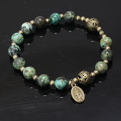 Nazareth Store Stone Beads Rosary Bracelet with Metal Separators and Catholic Medal - Durable and Elegant Wrist Jewelry - color: Africa Jasper