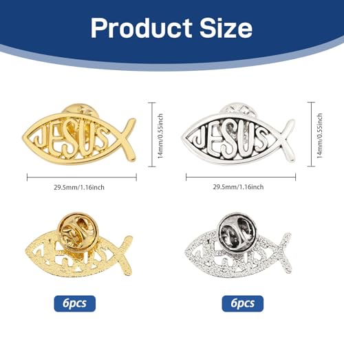 Jesus Fish Lapel Pin Jesus Fish Brooch Alloy Pins Coat Shirt Suit Collar Accessories for Backpack Clothes Sweater Jacket Decoration - color: Gold and Silver