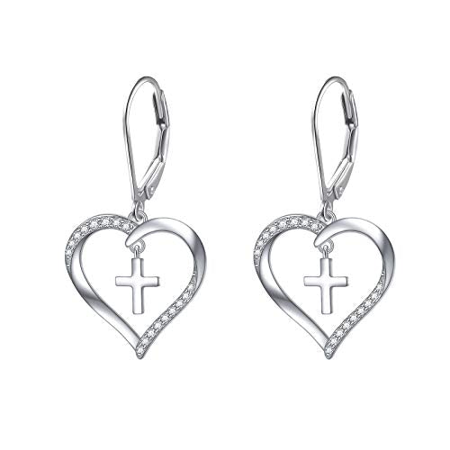 S925 Sterling Silver Heart Dangle Drop Earrings for Women Jewelry Gift - style: Heart Cross.