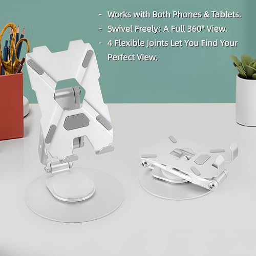 All-Metal Cell Phone Stand 360° Rotatable & Height Adjustable - 25KG Super Load-Bearing, Foldable Desk Stand for Phone, Compatible with iPhone 17/16/15/14, Kindle eBook, Silver - color: D-Quad-Fold - Silver