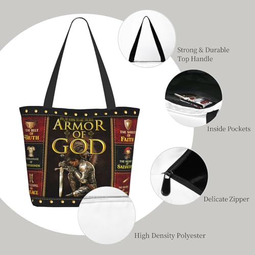 Bible Tote Bags for Women Christian Tote Bag Church Shoulder Bag Inspirational Bags With Zipper Christian Gift - color: Armor of God