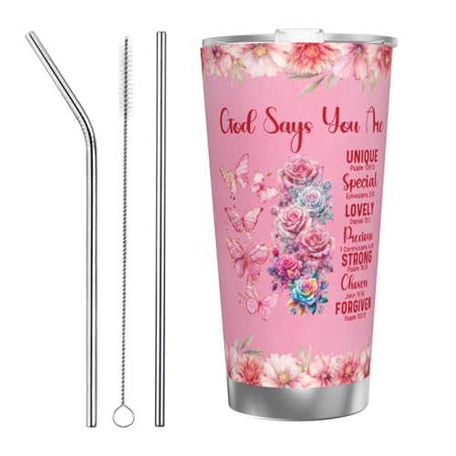 nspirational Gifts for Women Gods Say You Are Tumbler 20oz Stainless Steel Insulated Coffee Travel Cup Mug Motivational Christian Gift for Women Birthday Christmas - color: Straw Three-piece Set 4