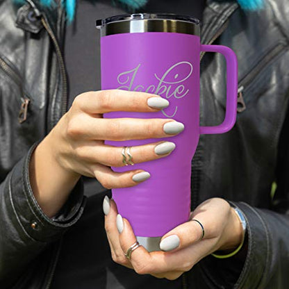 The Wedding Party Store Custom Personalized 20 oz Stainless Steel Powder Coated Vacuum Insulated Double Walled Travel Tumbler Coffee Mug with Handle and Lid (Lavender) - color: Lavender