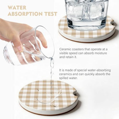 2 Pack Car Coasters for Cup Holders, Cute Car Accessories Interior (Grid-Brown White) - color: Grid-brown White