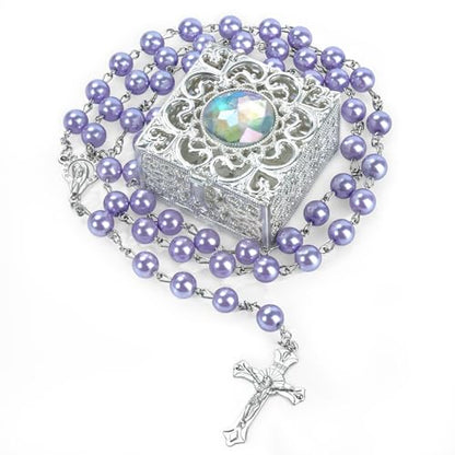Purple Pearl-Style Rosary Necklace with Metal Gift Box, 8mm, 22 Inch - color: Purple